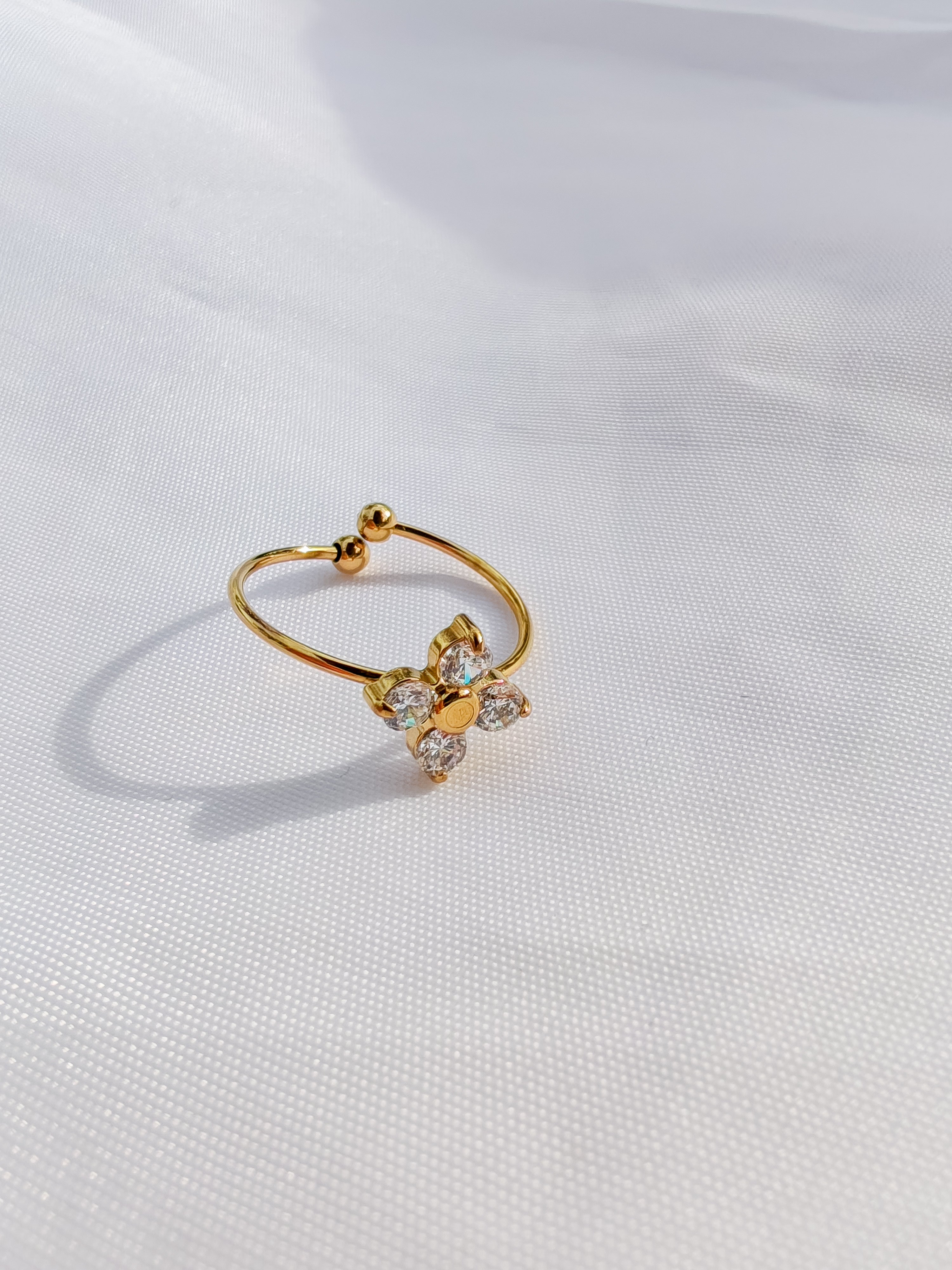 Bague Shelby femme acier inoxydable doré, anneau fin, fleur à 4 pétales avec zircons, bijoux hypoallergénique